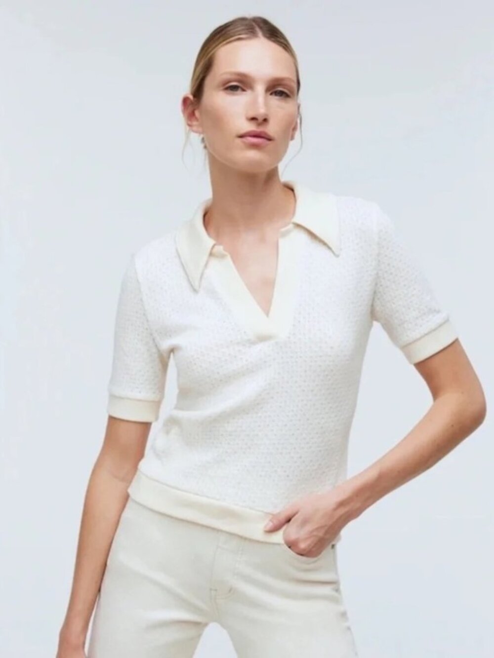 Madewell Pointelle Collared Sweater Tee SZ L